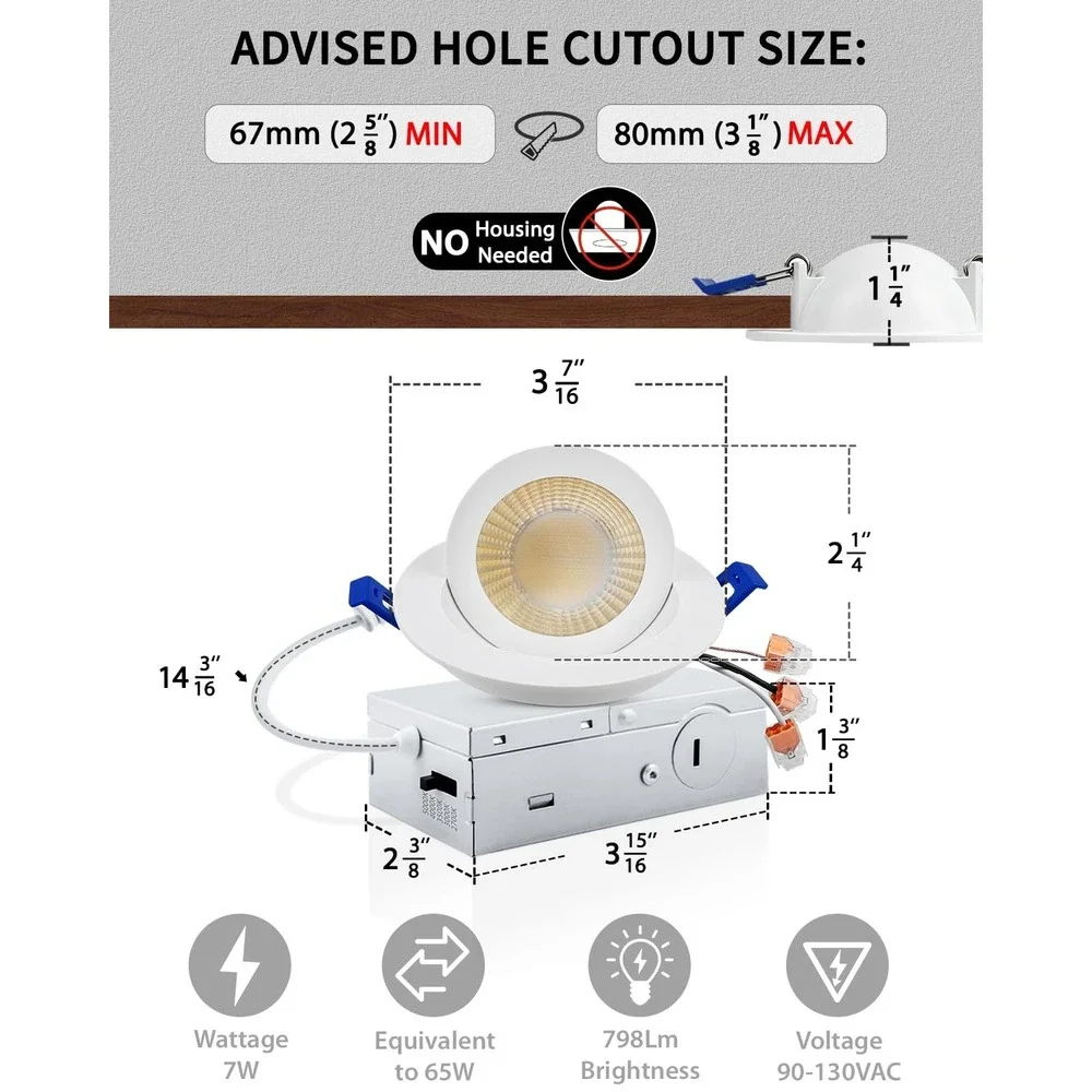 Adetu 3 Inch Gimbal LED Recessed Light 7W 798LM 5CCT Dimmable 4 Pack White